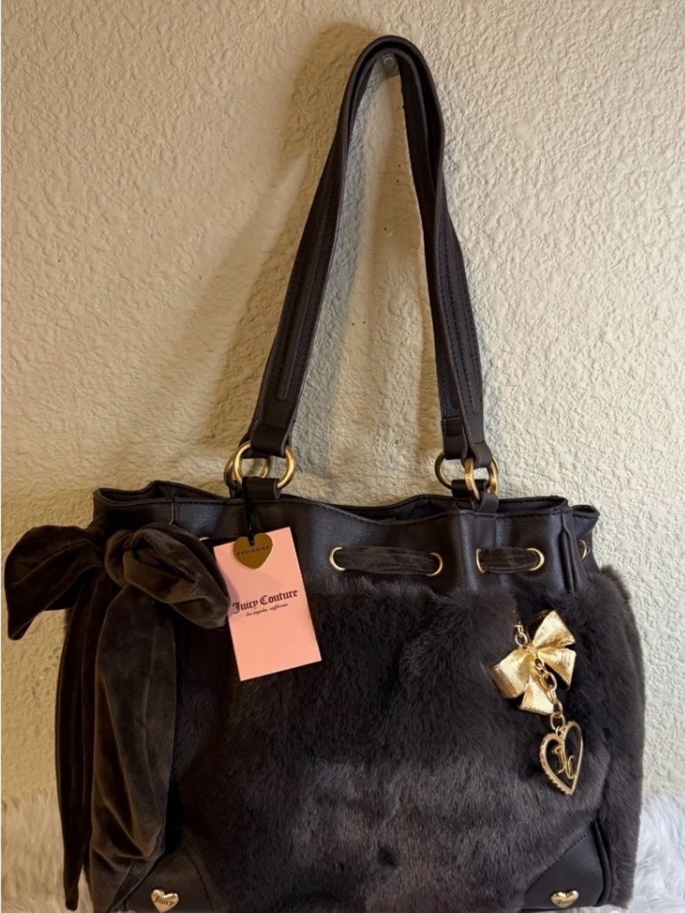 Juicy Couture Black Faux Fur Shoulder Bag with Gold Bow Charm